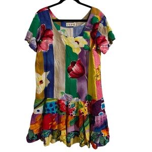 JAMS WORLD Bloemen Multicolor Mixed Print Floral Rayon Scoop Neck Mini Dress XL